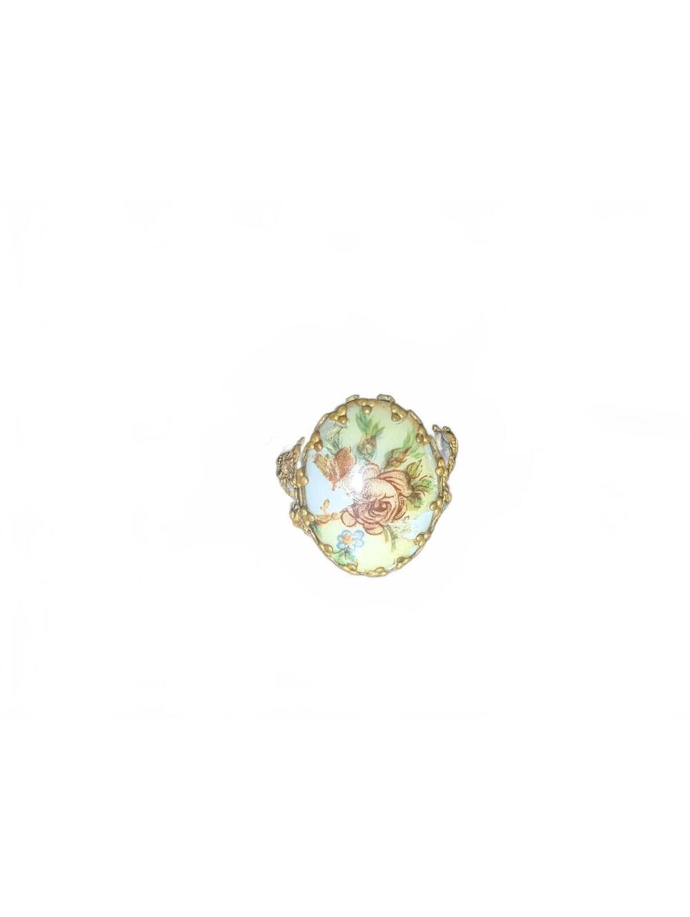 Vintage Floral Porcelain Adjustable Ring with Gold Tone Setting